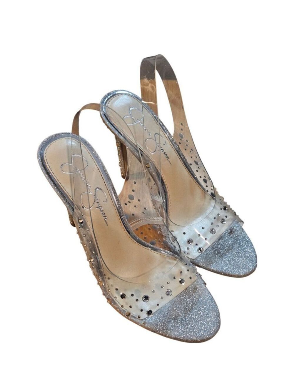 Jessica Simpson Silver Clear Glitter Slingback Heels Size 7 - Picture 6 of 14